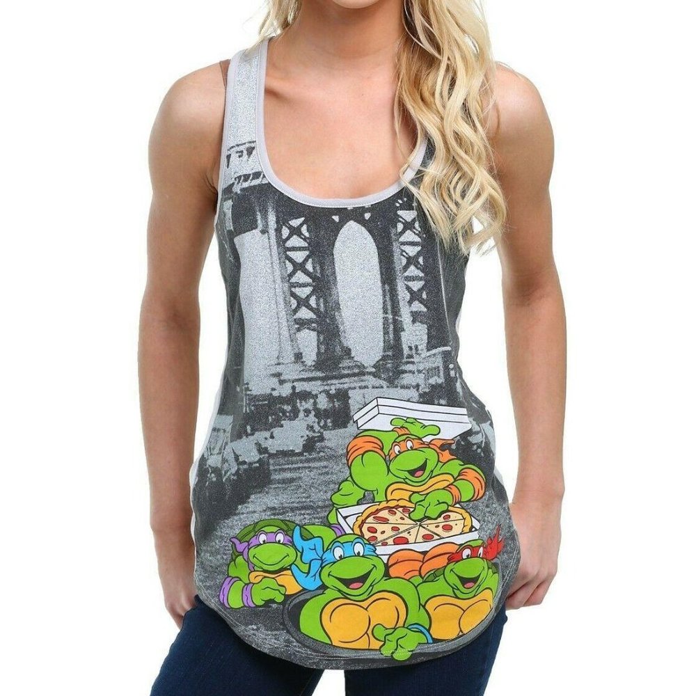 TMNT Pizza Turtle Womens Gray Tank Top
